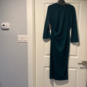 NWT classic, ruche elegant hunter green midi dress w/covered back zipper